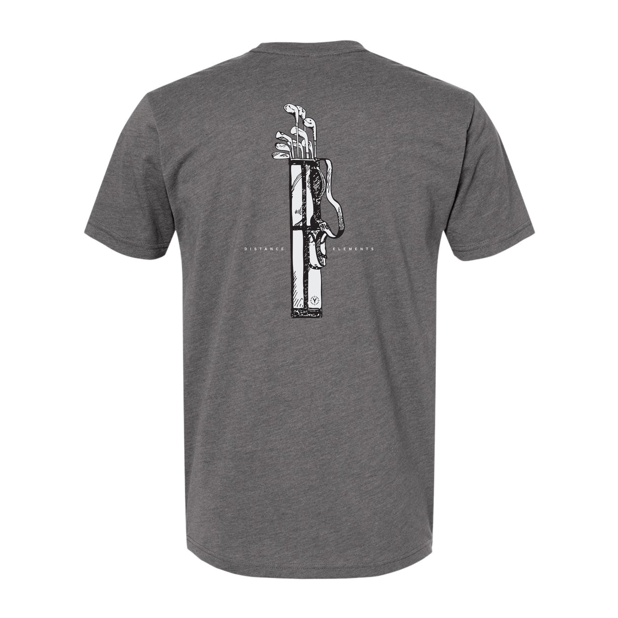 Gray t-shirt with a golf bag design on the back against a white background