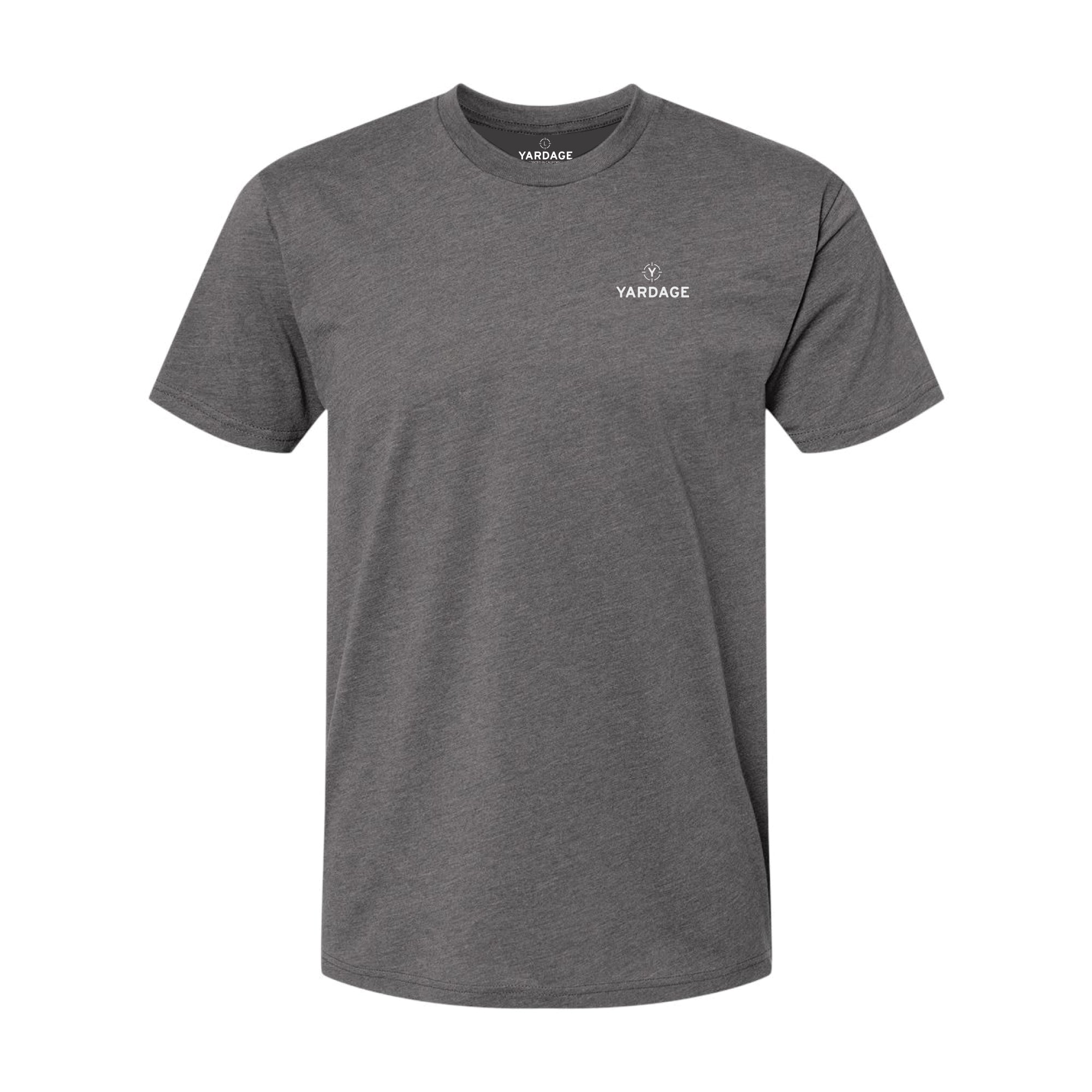 Gray t-shirt with a small yardage logo on the chest against a white background