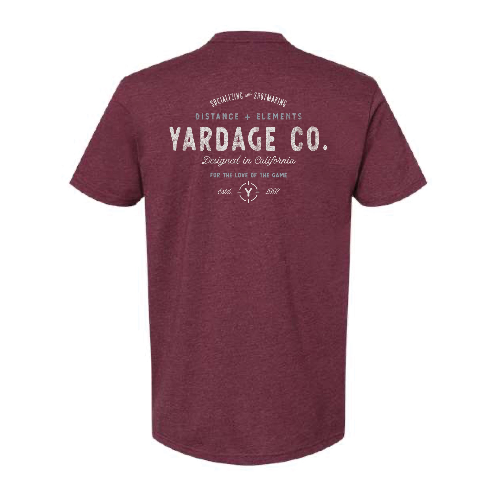 Maroon t-shirt with Yardage Co white text on the back on a white background