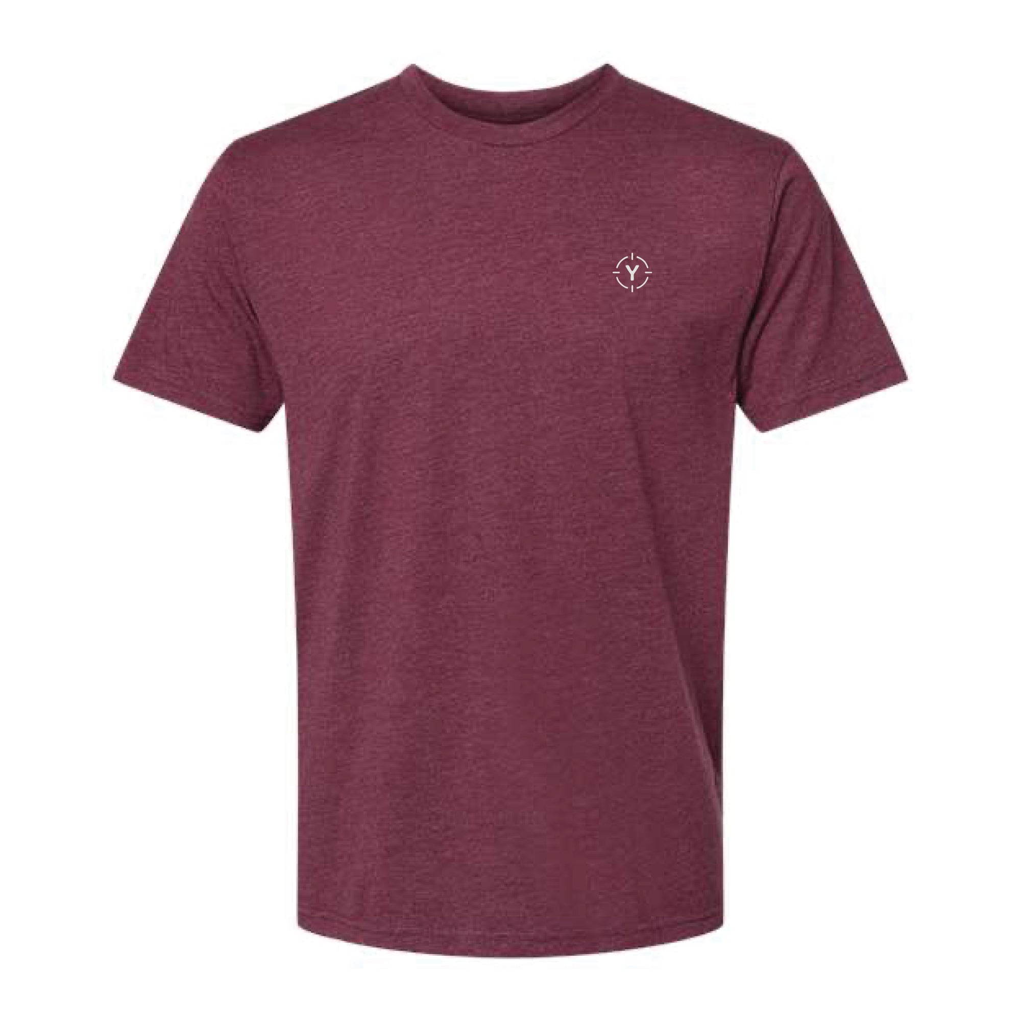 Maroon t-shirt with a small yardage logo on the chest against a white background