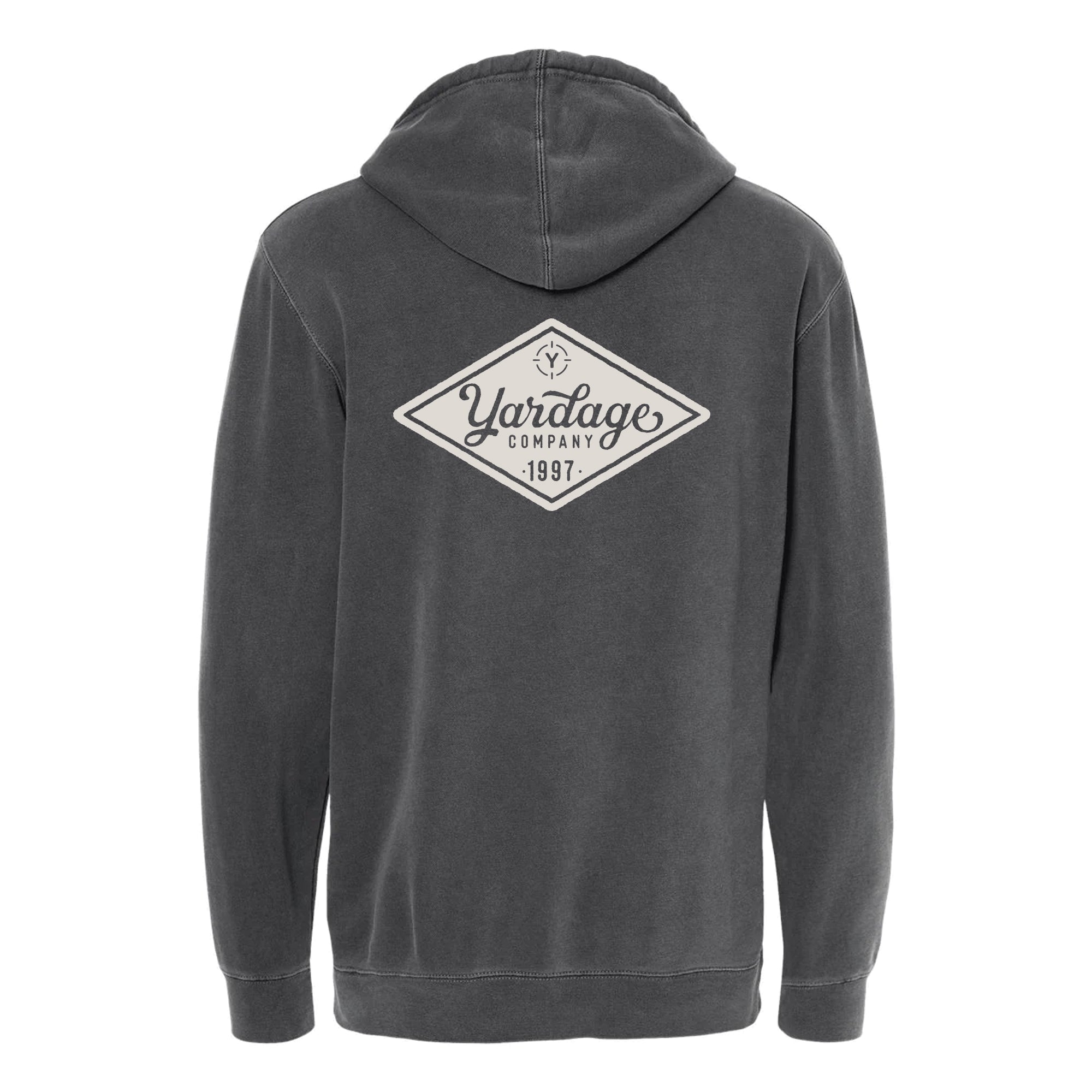 Gray hoodie with 'Yardage Company' logo on the back against a white background