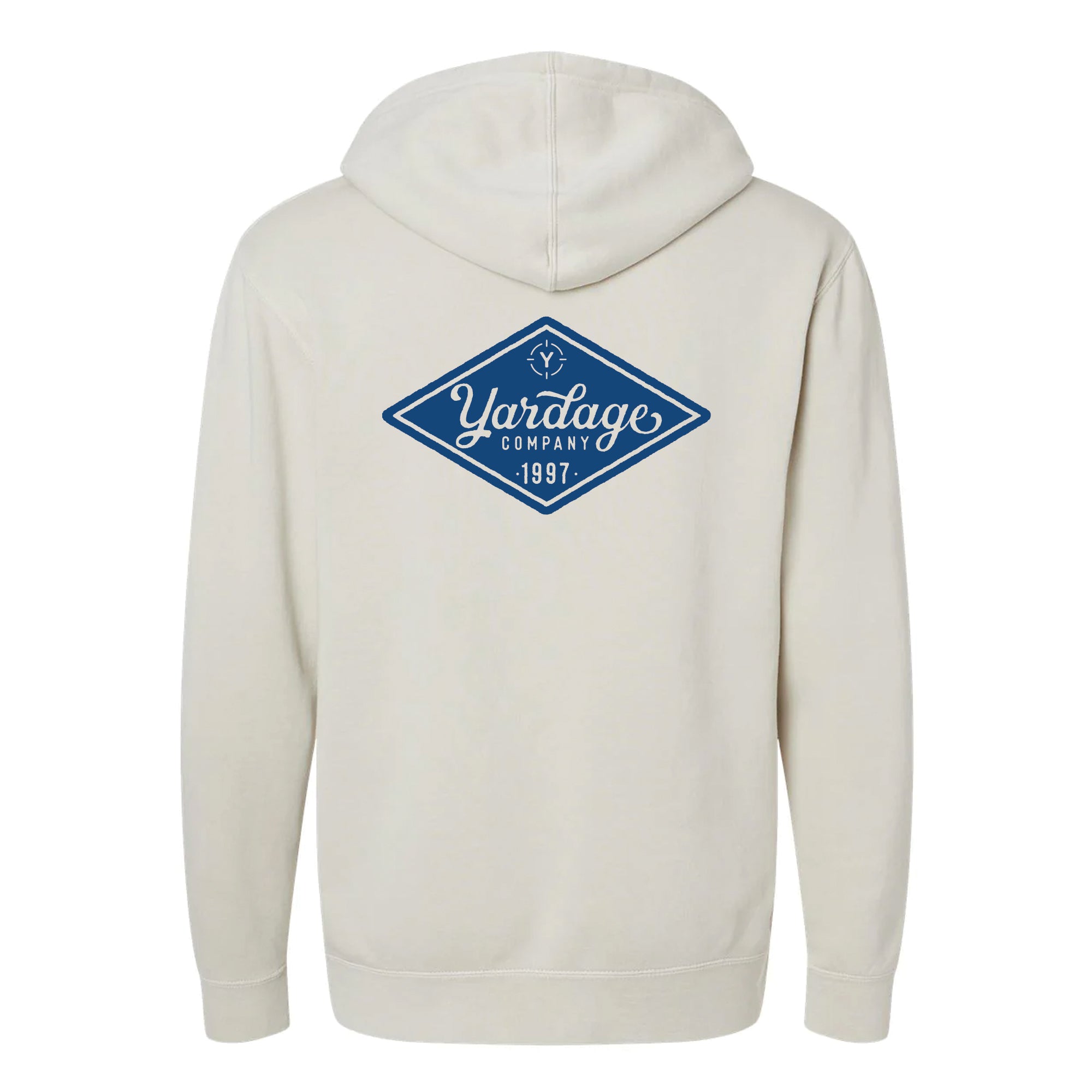 Ivory Yardage Hoodie with a blue and white logo on the back against a white background