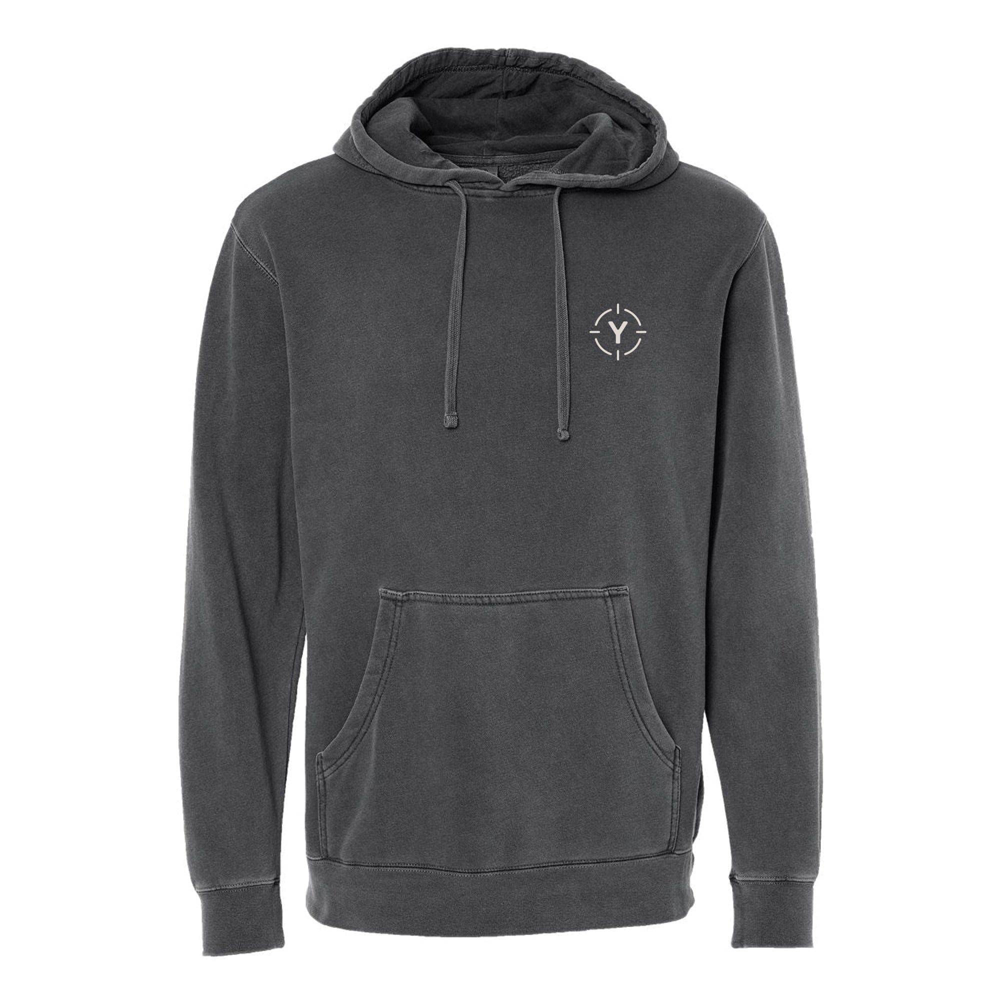 Gray hoodie with a yardage logo on the chest against a white background