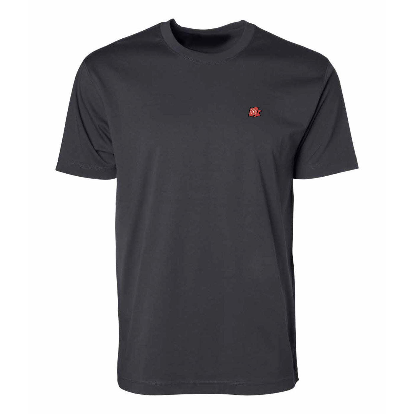 Front view of the Deluxe Flag Tee in Charcoal showing the embroidered flag logo on the left chest