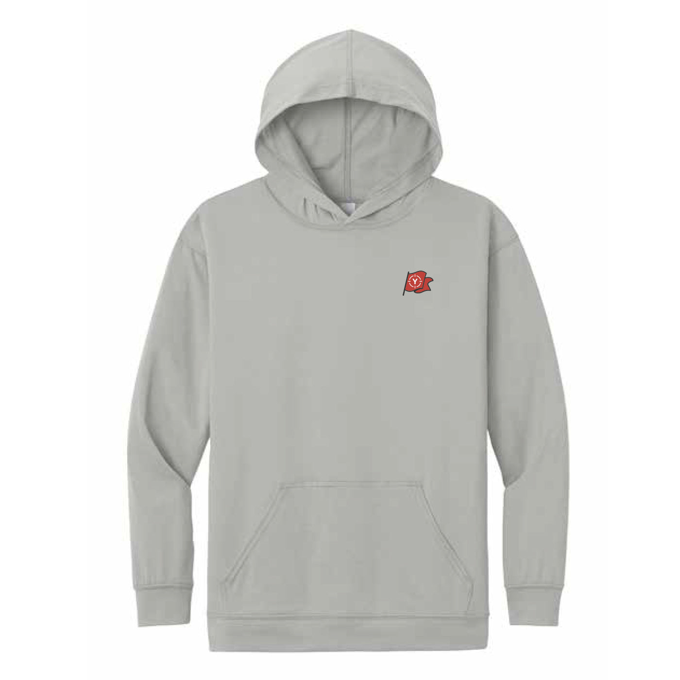 A light gray pullover hoodie with a small red shield logo on the left chest, displayed on a clean white background.