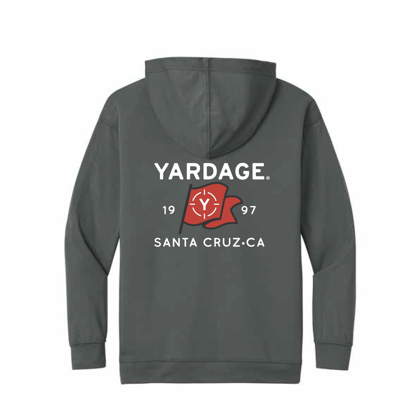 A dark gray hoodie shown from the back, featuring a white 'YARDAGE' logo and a red graphic with '1997' and 'SANTA CRUZ-CA' printed on the back.