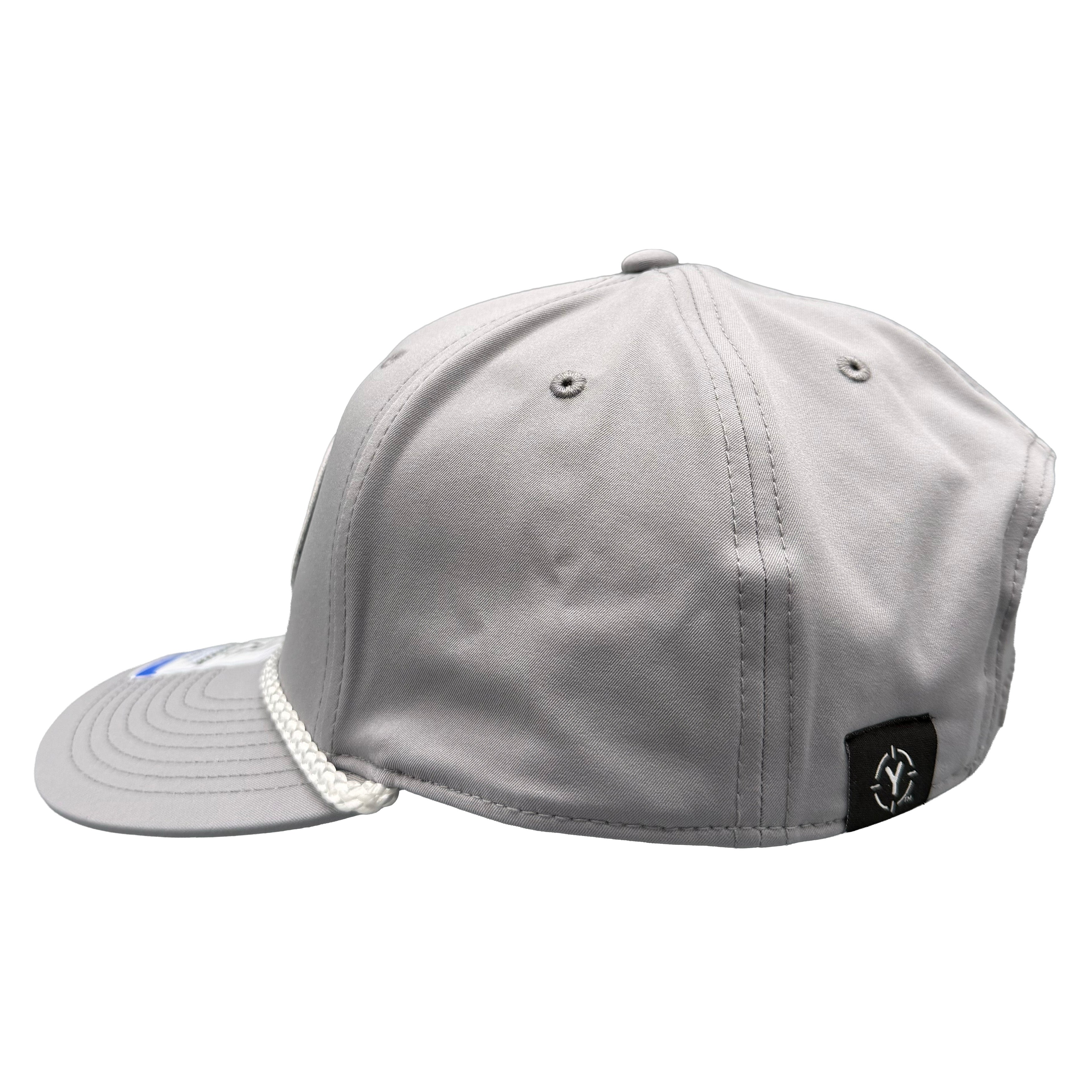 Gray cap with a brand logo on a white background