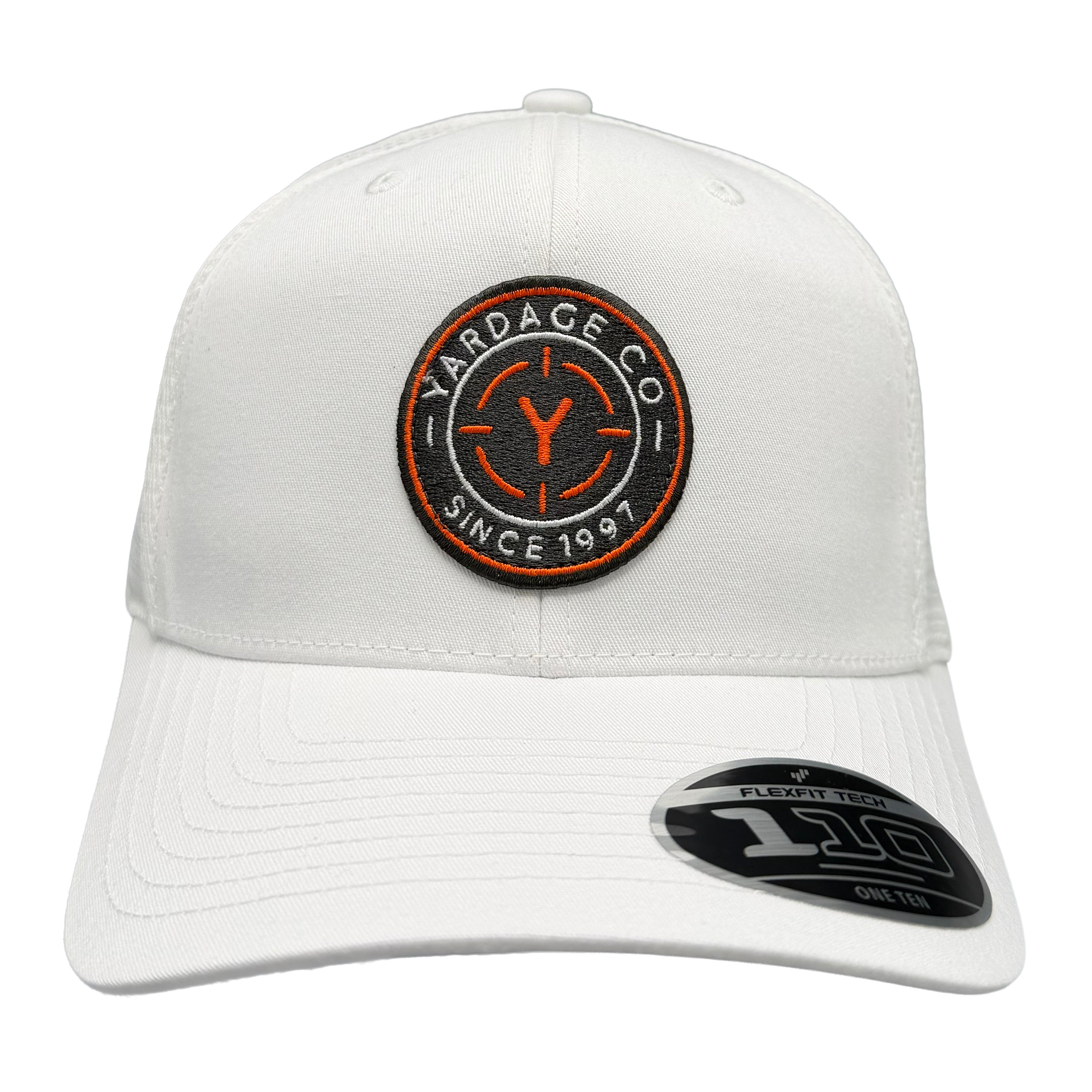 White cap with a circular logo and text on a white background