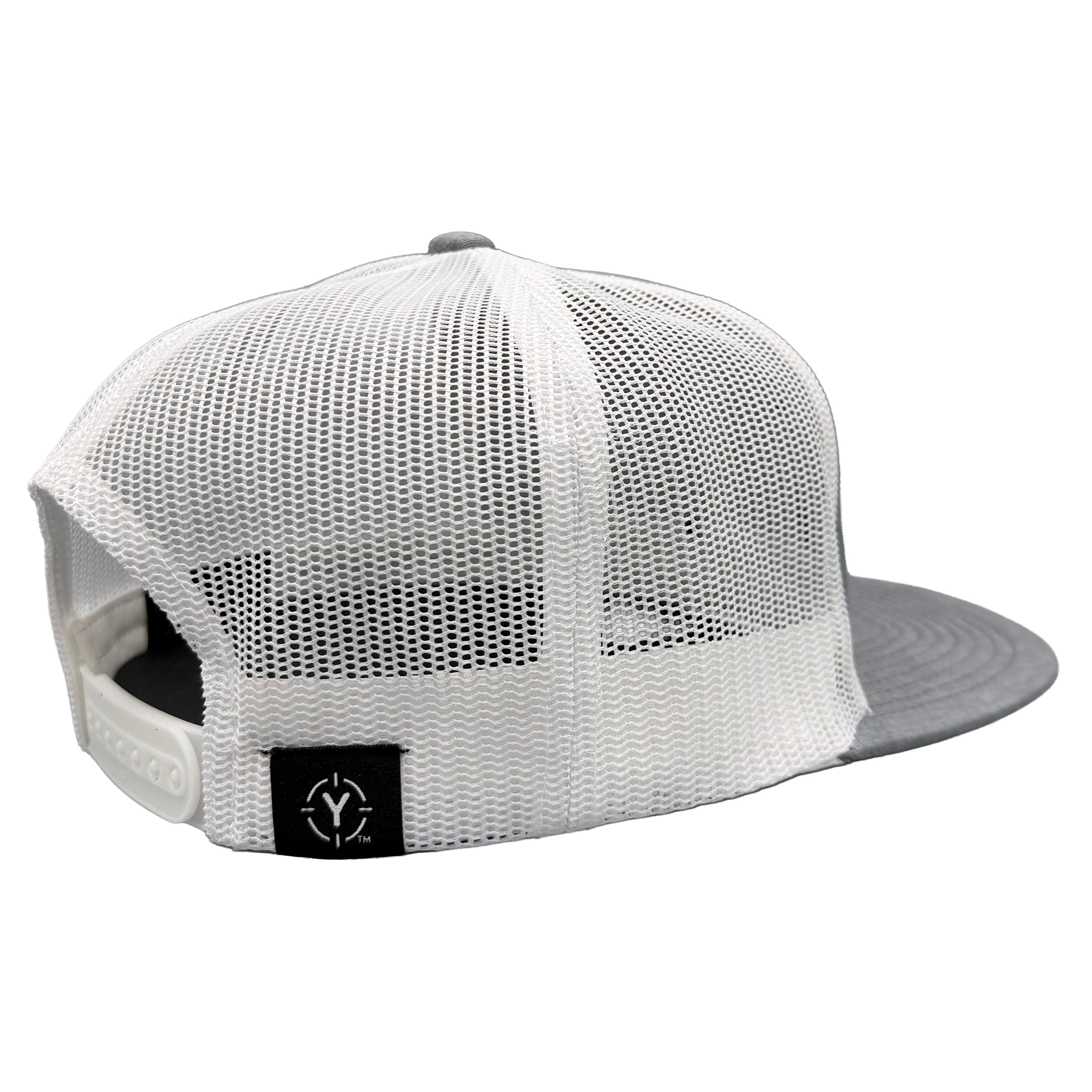 White mesh cap with a black logo on a white background