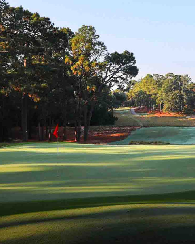 Southern Pines golf course with green grass, trees, and a flag on a sunny day.