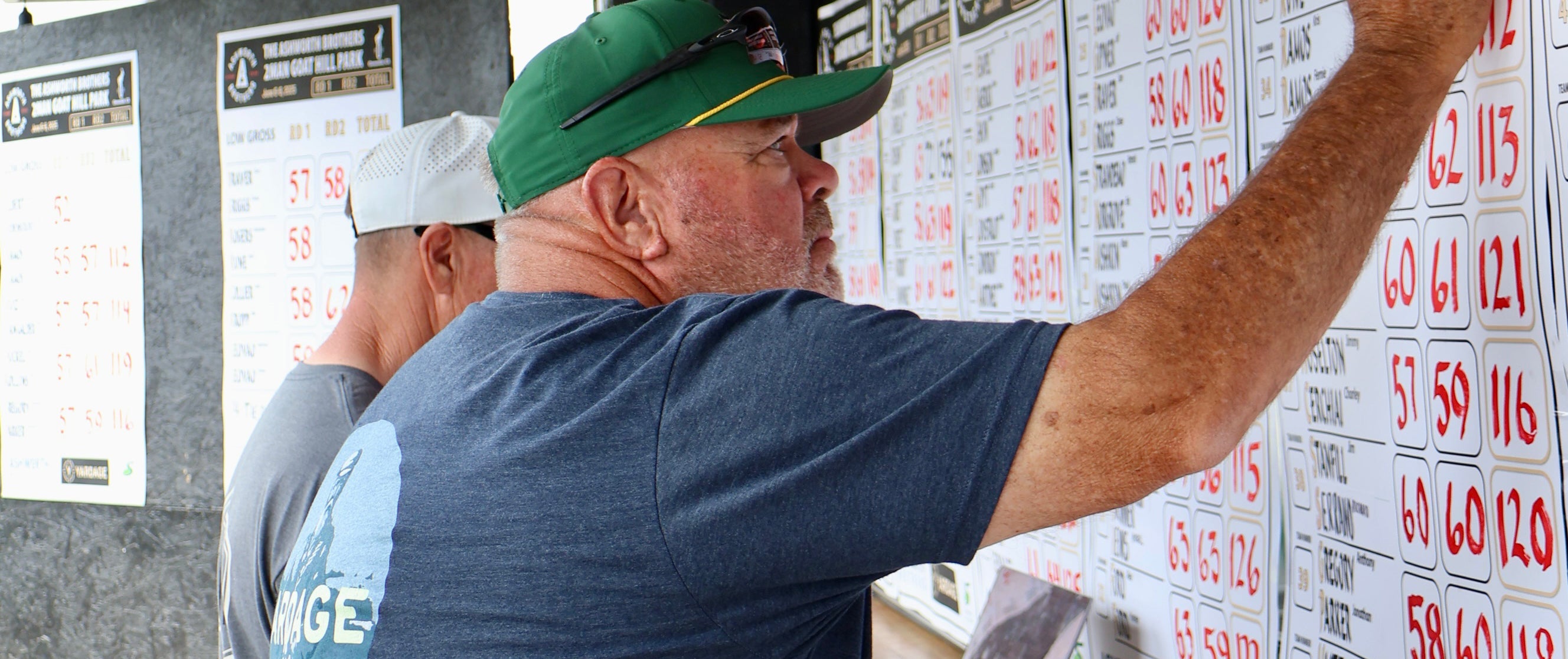 Man writing on the golf leaderboard at an Ashworth Brothers 2-Man Tournament