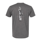 Gray t-shirt with a golf bag design on the back against a white background