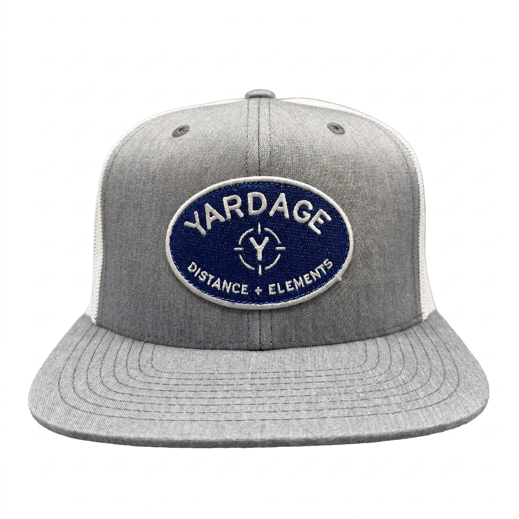 Yardage Distance + Elements Flat Billed Trucker Hat front view