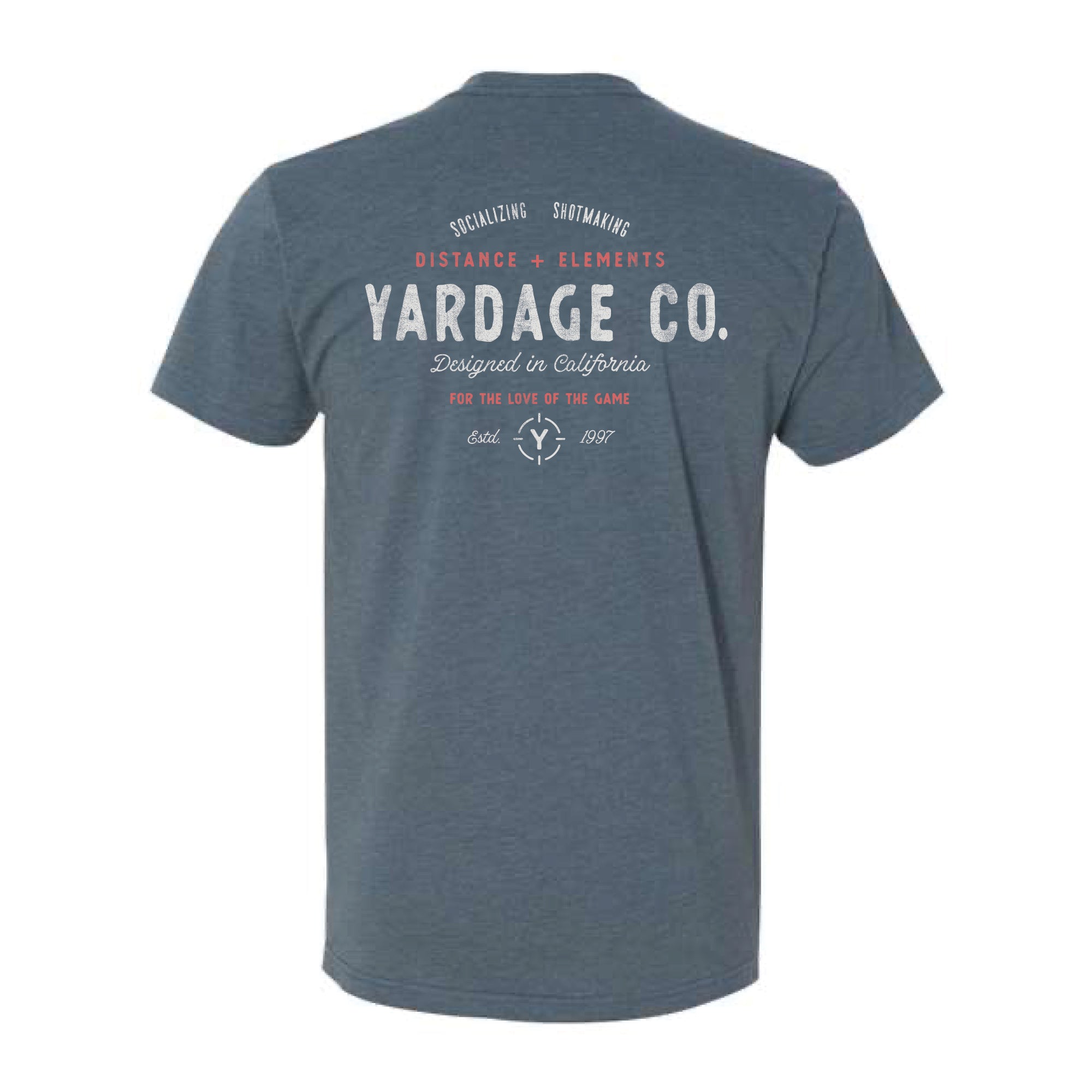 Blue t-shirt with 'Yardage Co.' text on the back against a white background