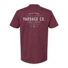 Maroon t-shirt with Yardage Co white text on the back on a white background
