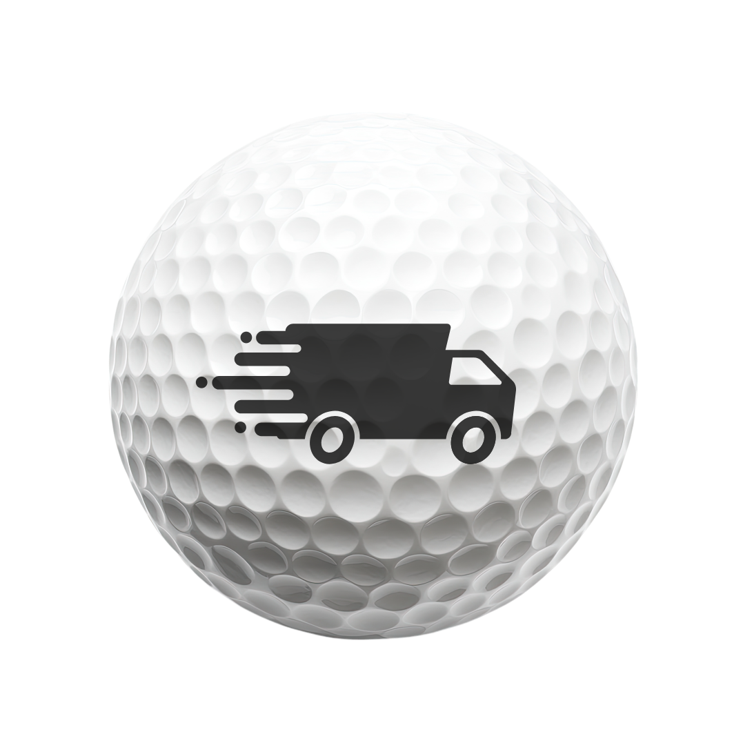 White golf ball with a black delivery truck icon on a white background