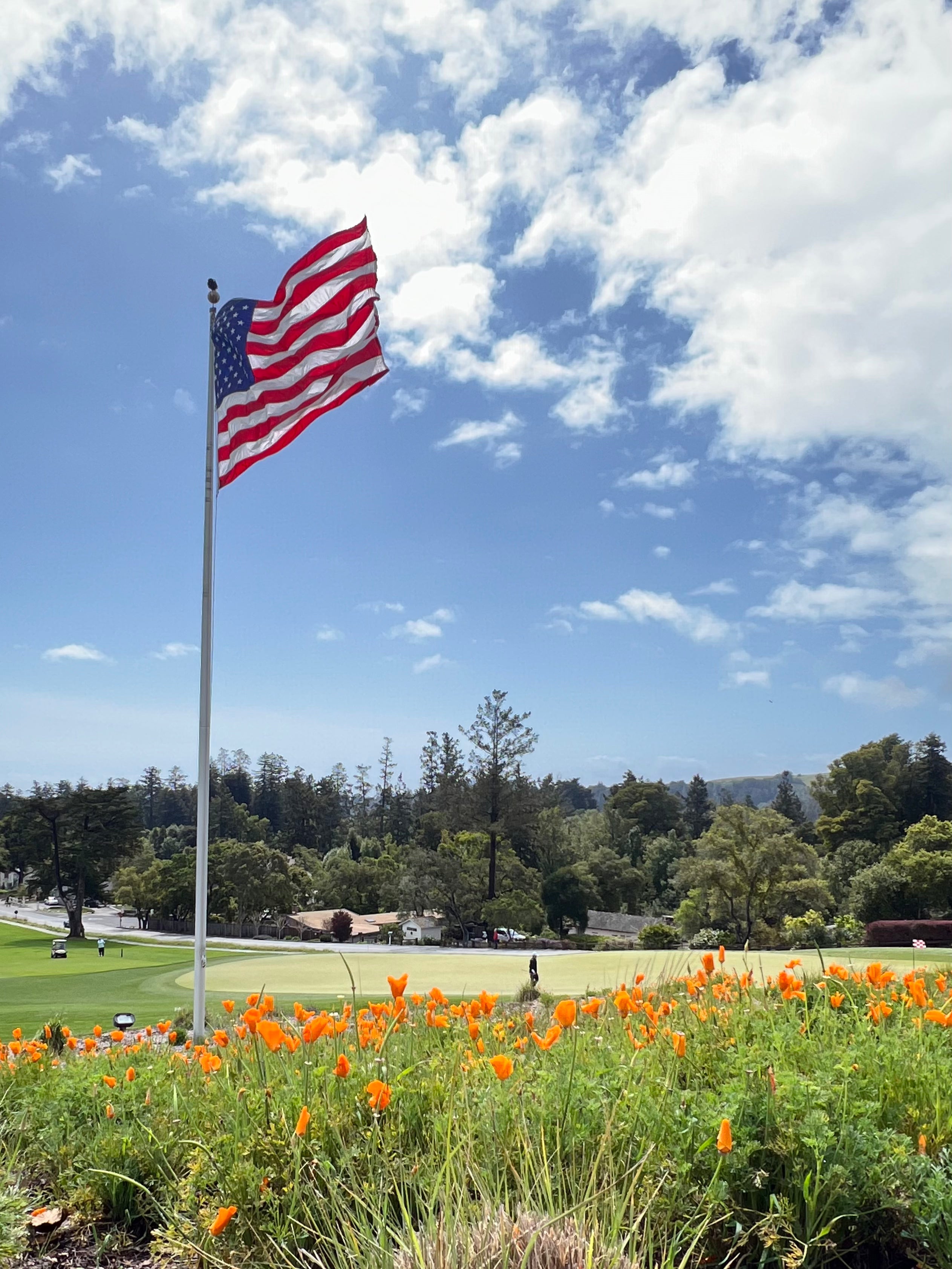 The American flag over Pasatiempo Golf Course in Santa Cruz, CA