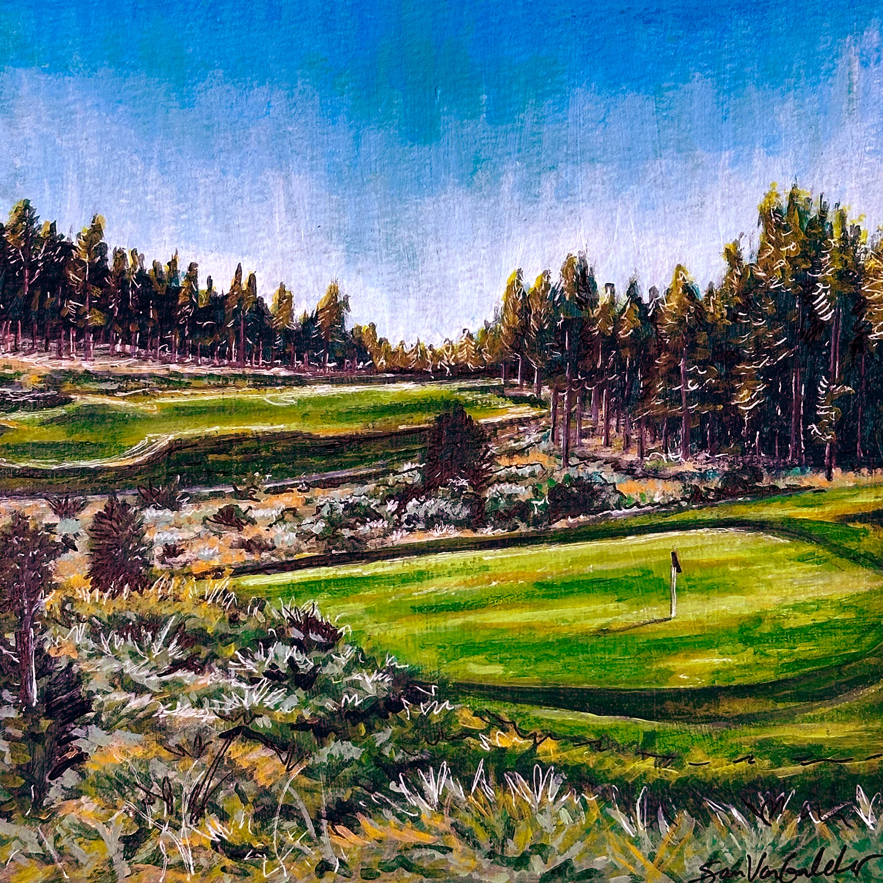 Grizzly Ranch art by Sam Van Galder - Golf course with trees and a clear sky