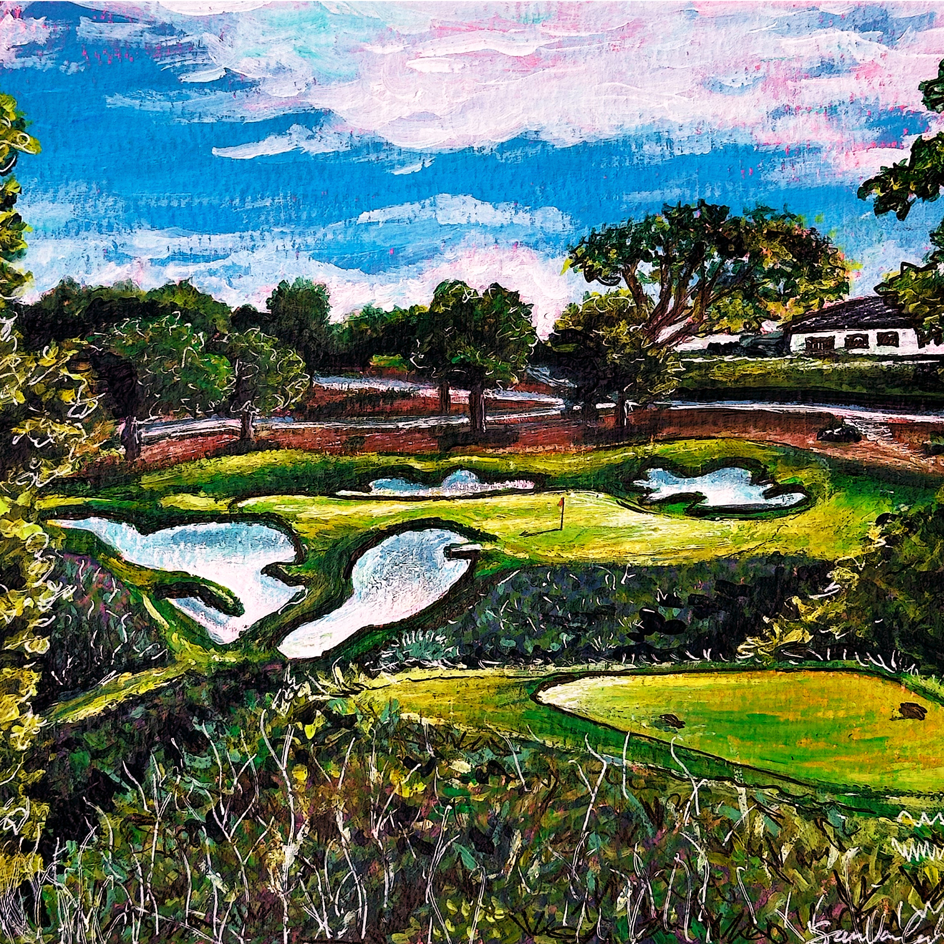 Pasatiempo art by Sam Van Galder - course with trees and a house in the background, painted style