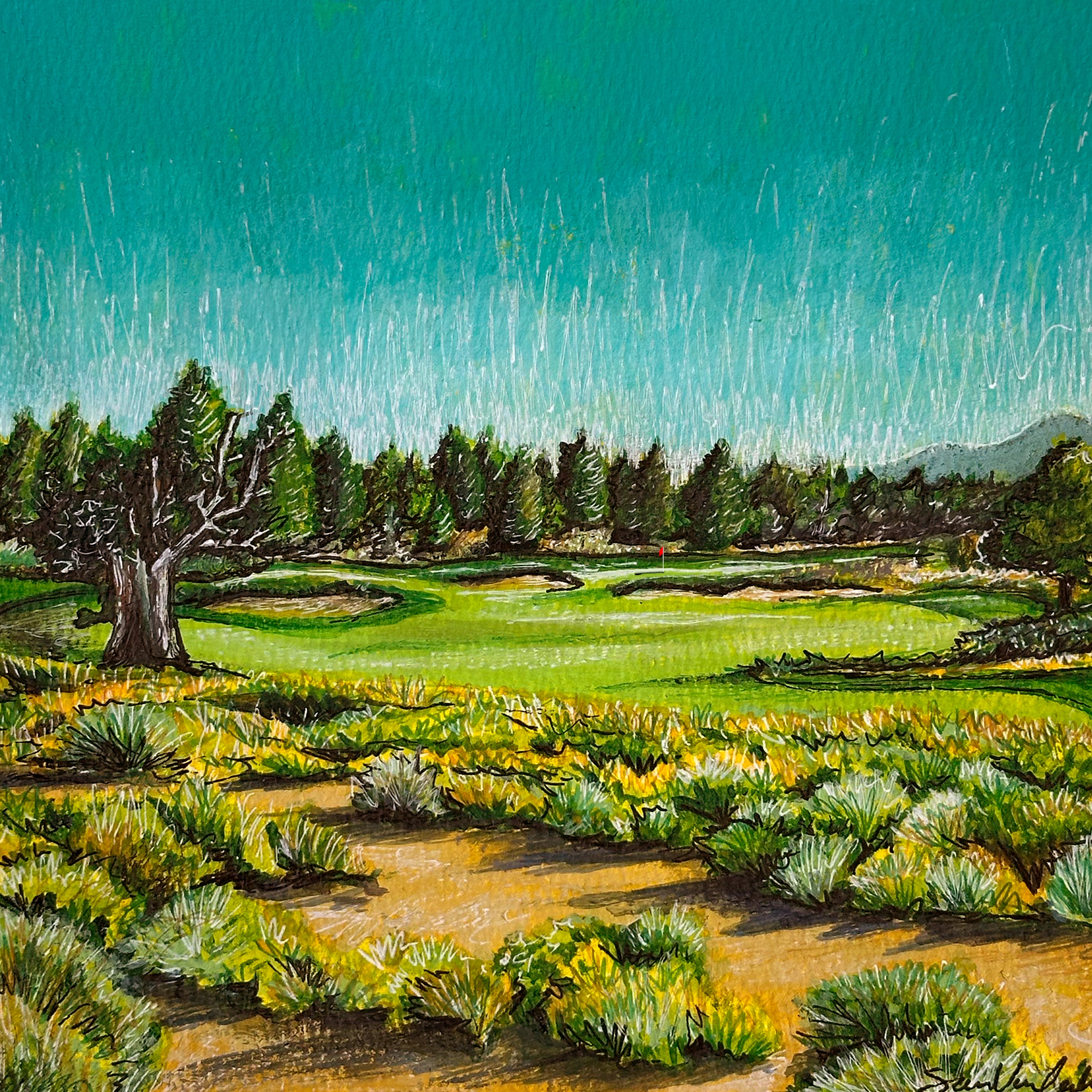 Pronghorn art by Sam Van Galder - Golf course with trees and mountains under a starry sky