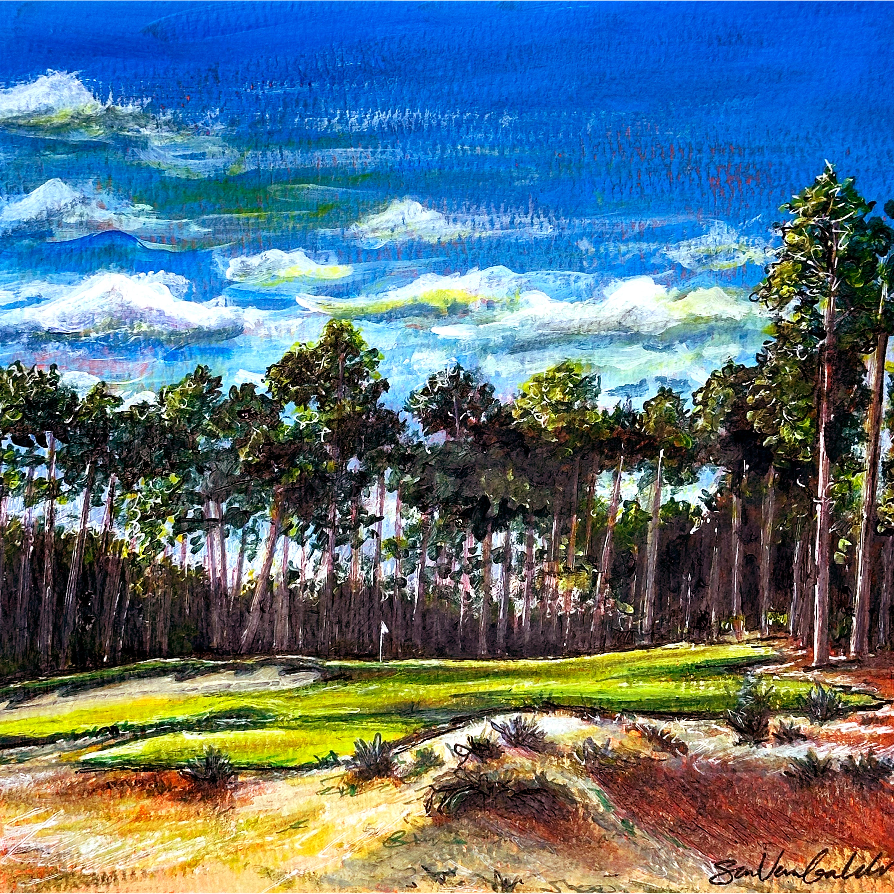 Southern Pines art by Sam Van Galder - Golf course with trees and a blue sky