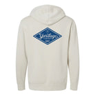 Ivory Yardage Hoodie with a blue and white logo on the back against a white background