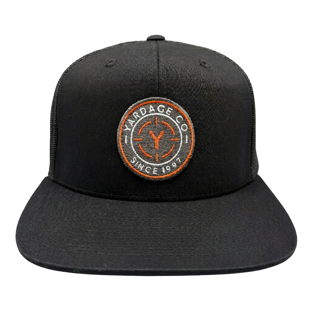Yardage Circle Badge Flat Billed Trucker Hat front view