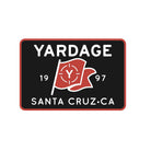 Yardage logo with a red flag and text on a black background