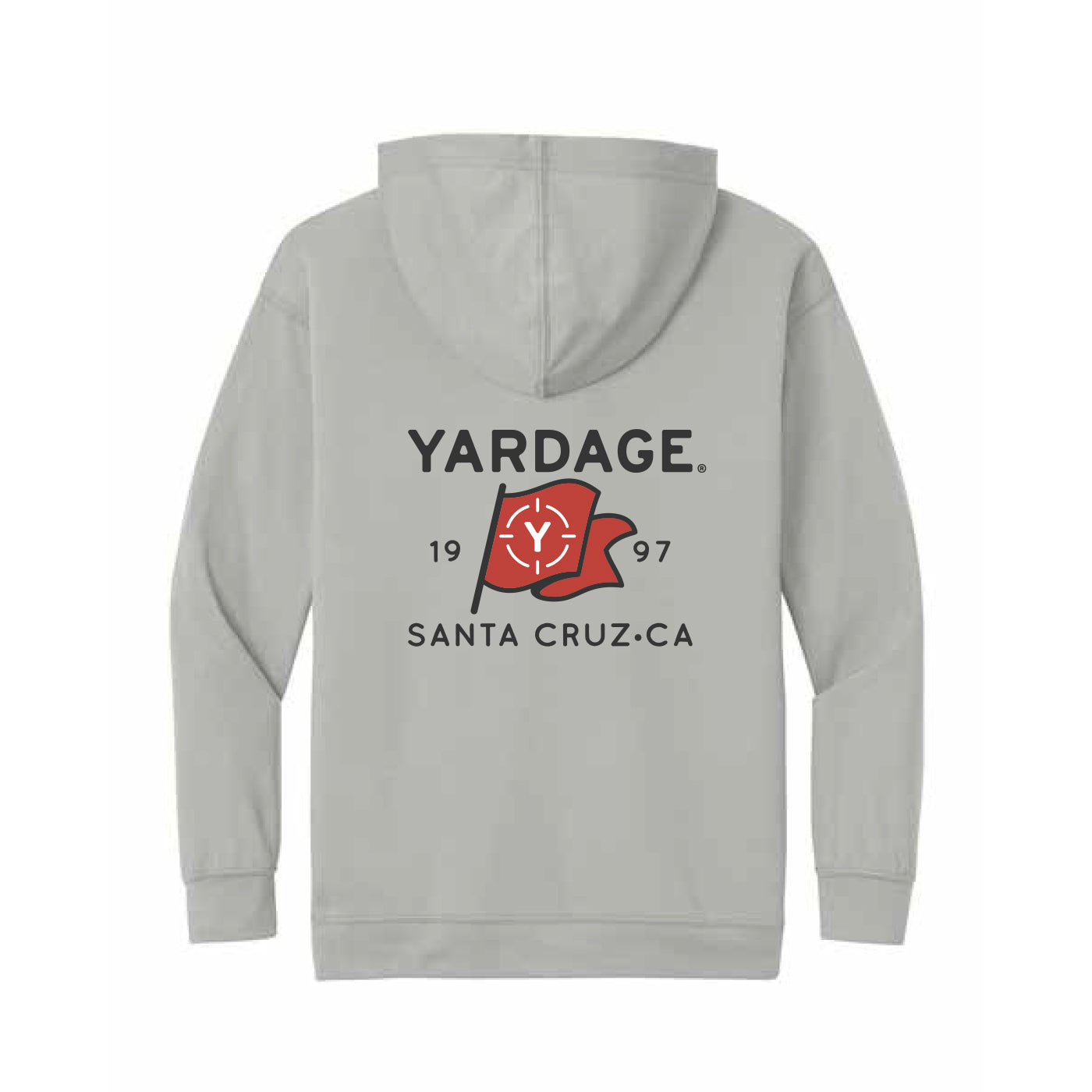 A light gray hooded sweatshirt shown from the back, featuring a black 'YARDAGE' logo and a red flag graphic with '1997' and 'SANTA CRUZ-CA' printed on the back.