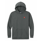 A dark gray pullover hoodie with a small red and white shield logo on the left chest, displayed on a clean white background.