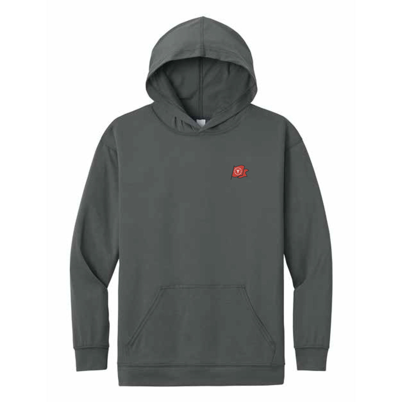 A dark gray pullover hoodie with a small red and white shield logo on the left chest, displayed on a clean white background.
