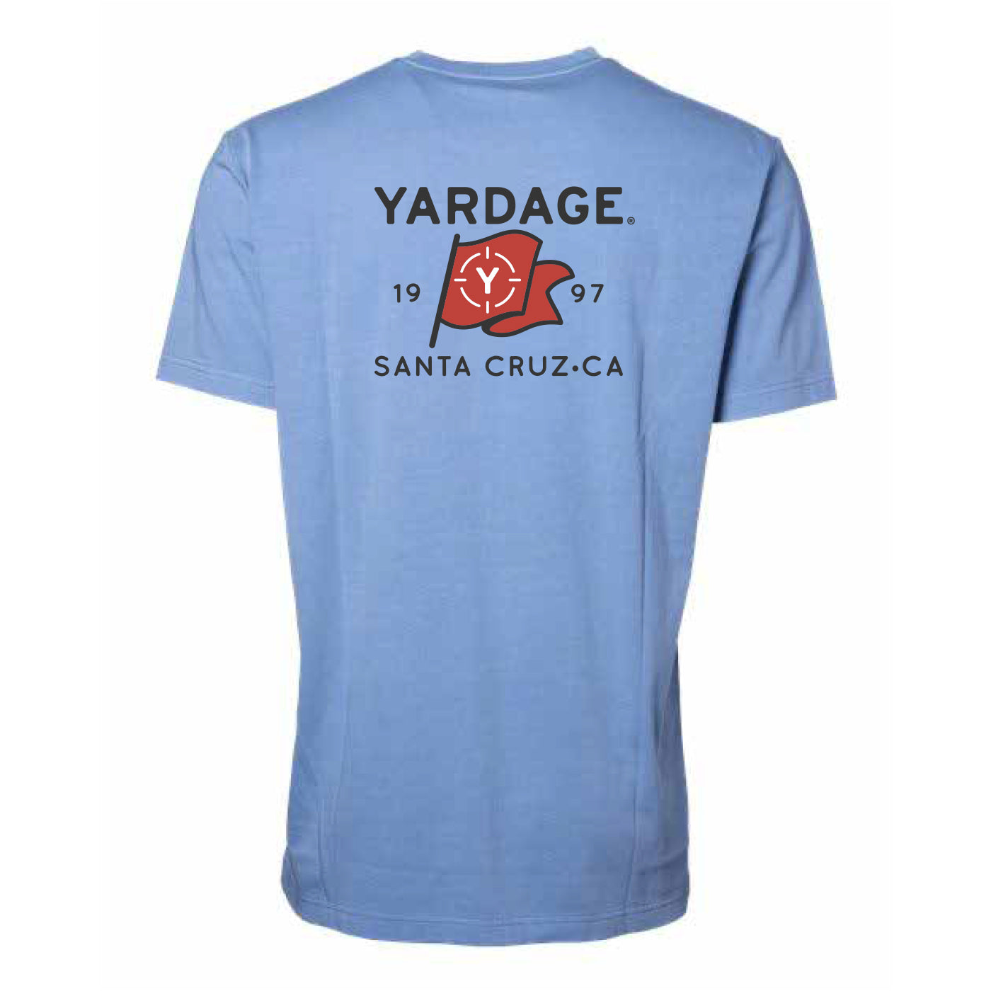 A light blue short-sleeve t-shirt shown from the back, featuring a red and black graphic print with the text 'YARDAGE.', '1997', and 'SANTA CRUZ-CA' on a white background.