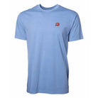 A light blue short-sleeve crewneck t-shirt with a small red and white embroidered logo on the left chest, displayed on a solid white background.