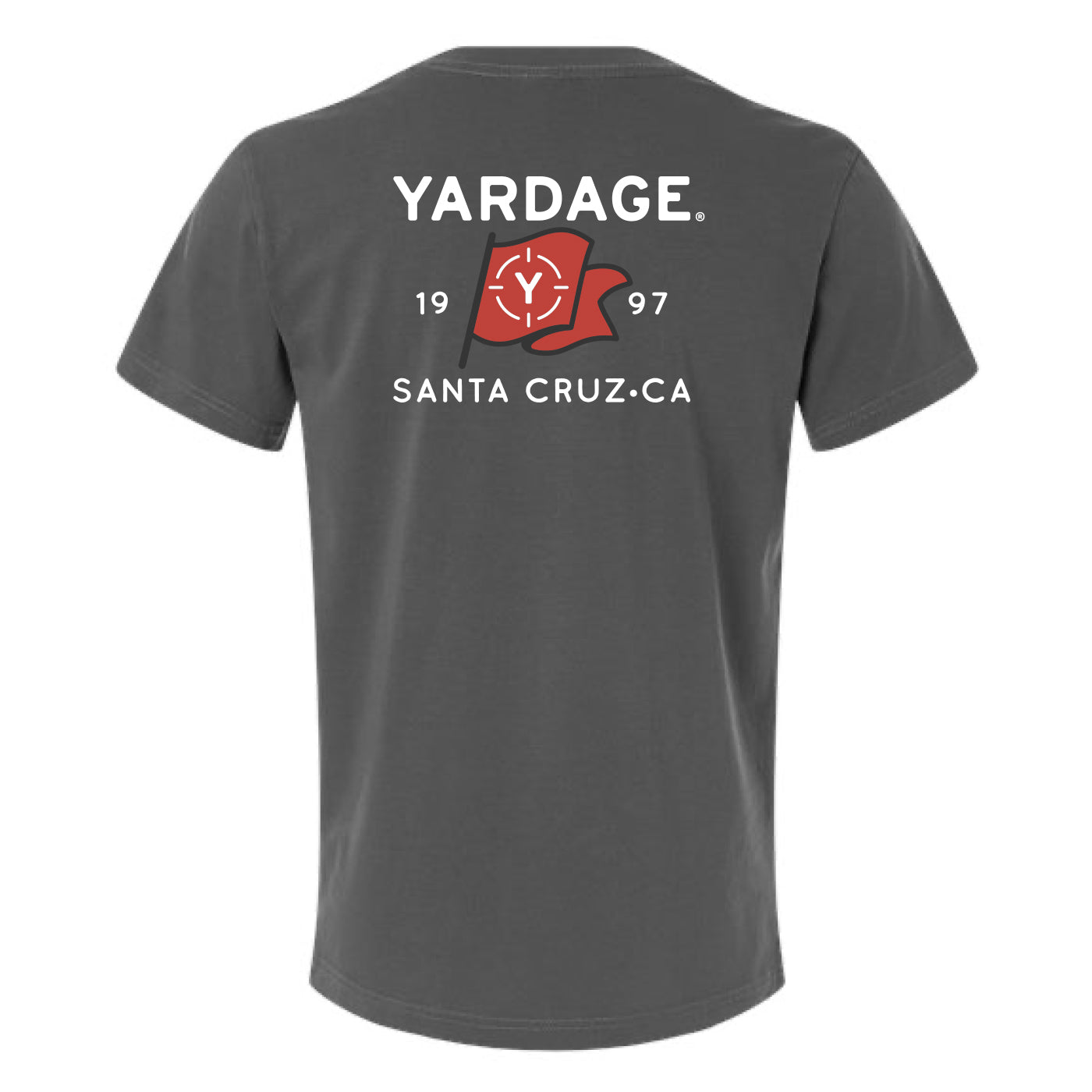 A dark gray short-sleeve t-shirt shown from the back, featuring a white graphic print that reads 'YARDAGE.' and 'SANTA CRUZ-CA' with '19' and '97' surrounding a red flag design with a white 'Y'.