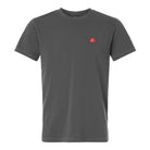 A dark gray crewneck t-shirt with a small red embroidered logo on the left chest, displayed on a solid white background.