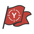 A stylized red flag icon with a black outline and a white target symbol containing a Y, shown on a plain white background.