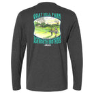 Dark gray Goat Hill Park long-sleeve shirt with a graphic of two people on a golf course and text on the back, on a white background.