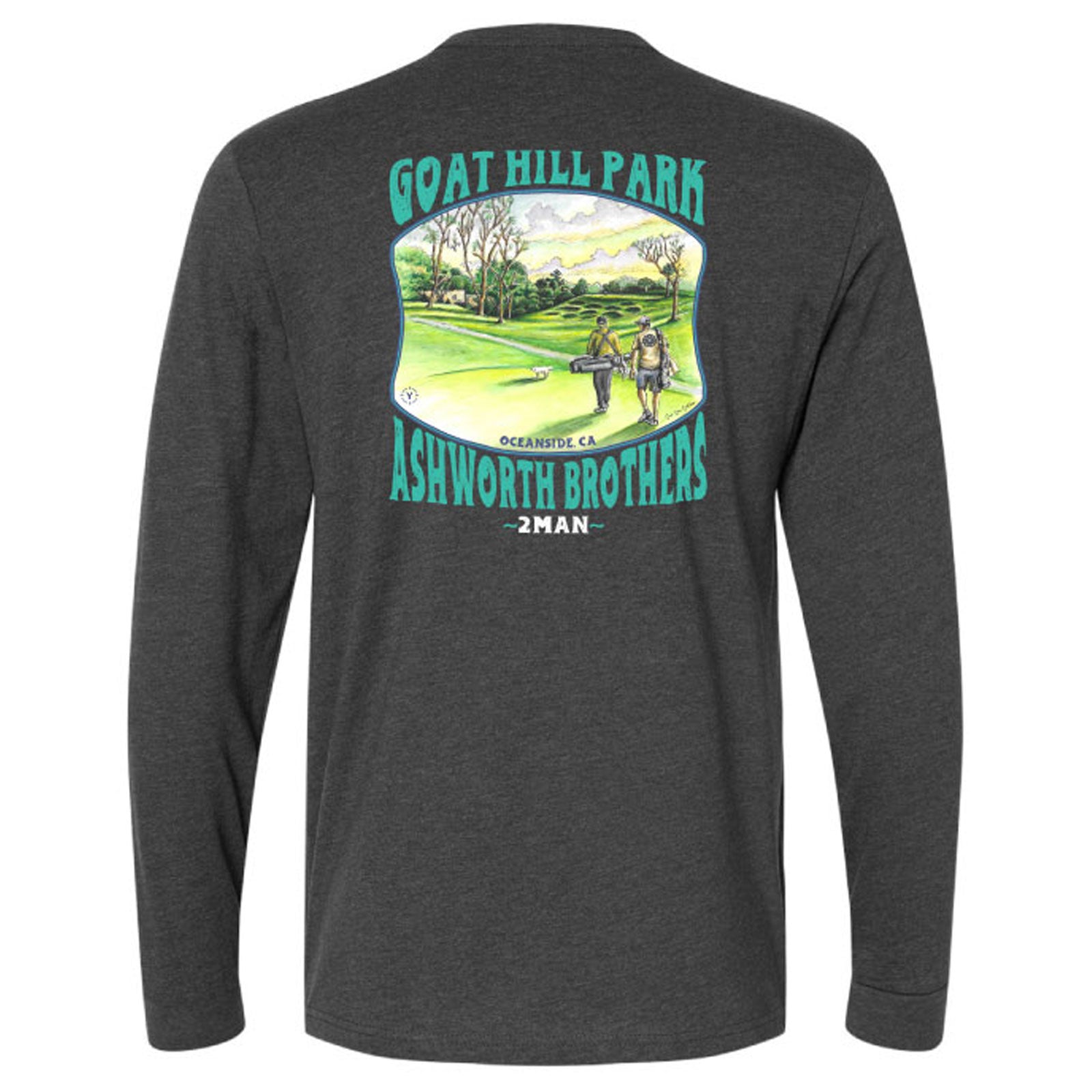 Dark gray Goat Hill Park long-sleeve shirt with a graphic of two people on a golf course and text on the back, on a white background.