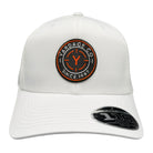 White cap with a circular logo and text on a white background
