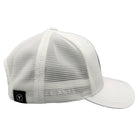 White mesh cap with a small logo on a white background