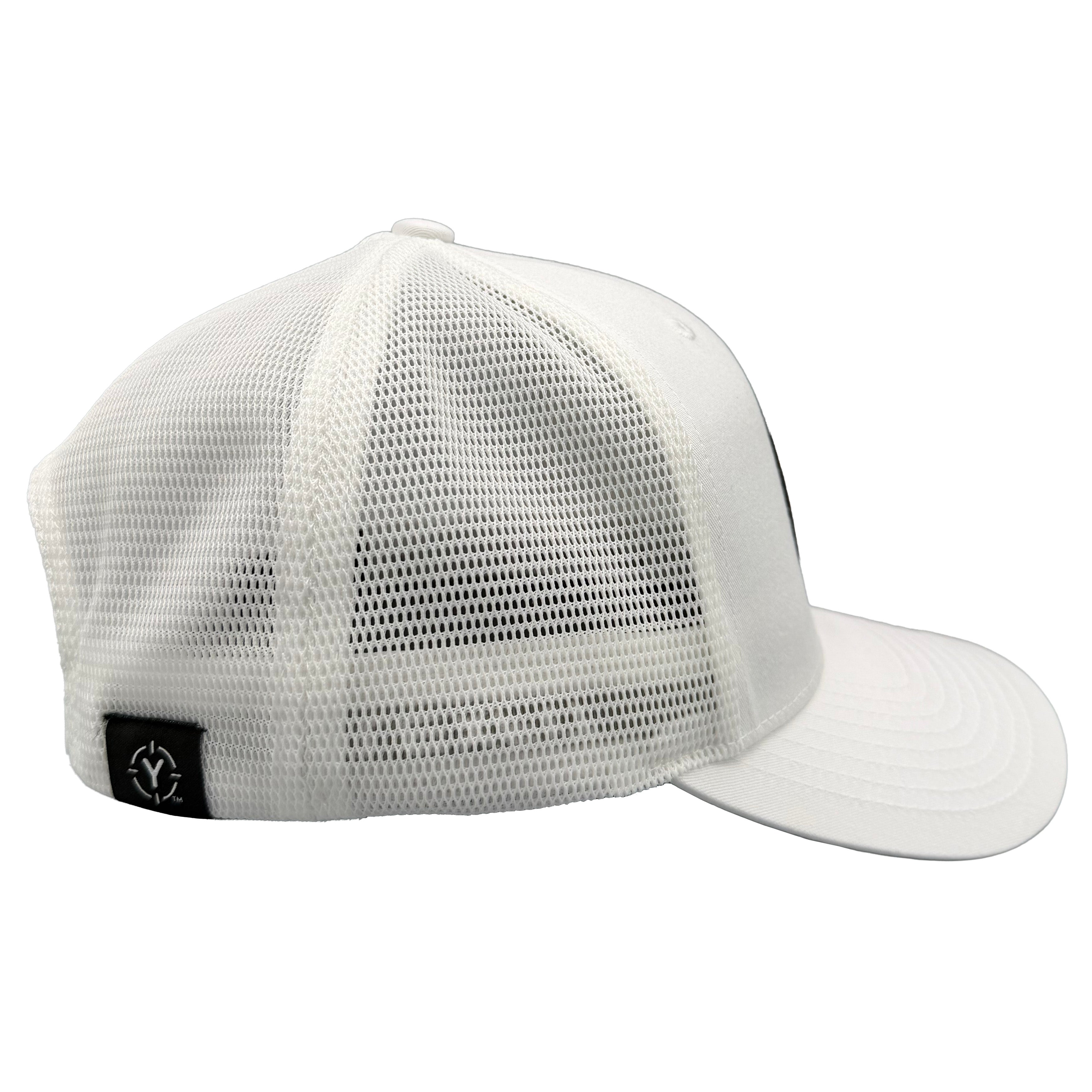 White mesh cap with a small logo on a white background