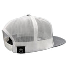 White mesh cap with a black logo on a white background