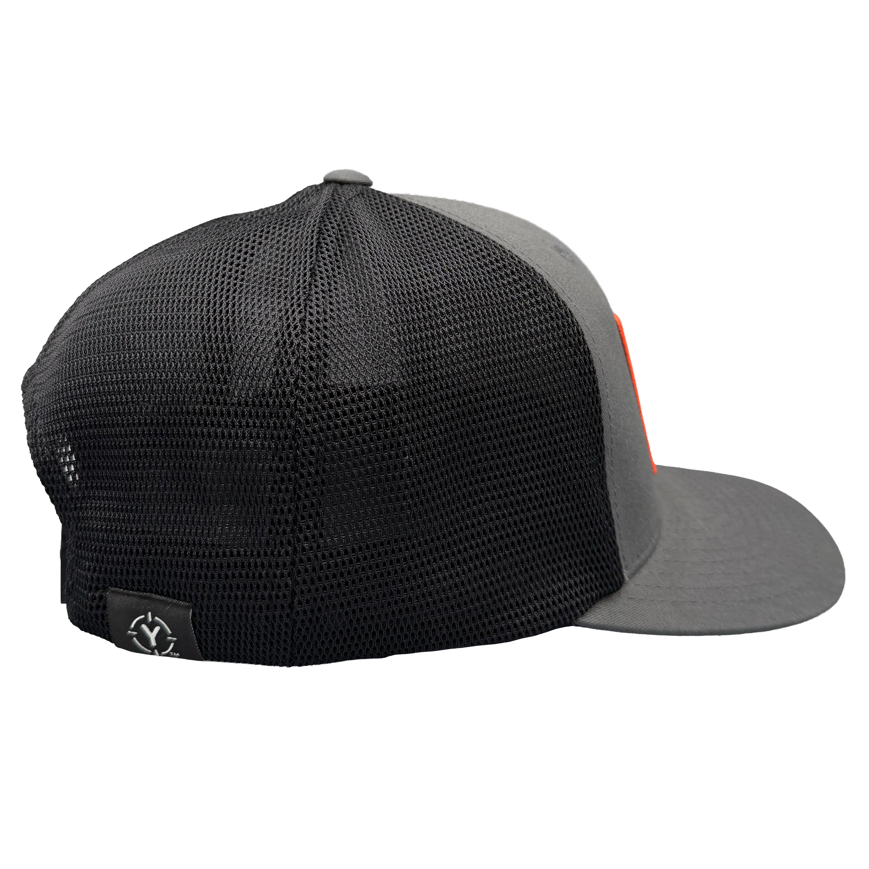 Black and gray cap with mesh back on a white background